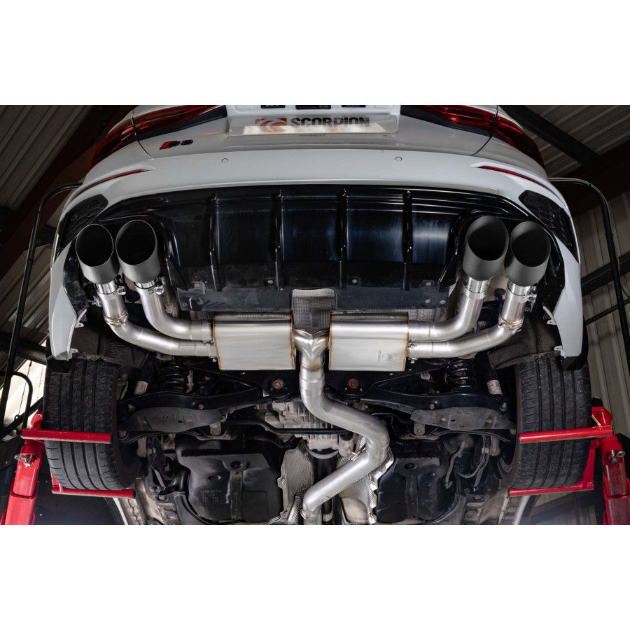 Scorpion Resonated cat/gpf back system & electronic valves - Black ceramic coated quad 114mm Daytona trims - S3 8Y Sportback - 2020 - SAUS093C