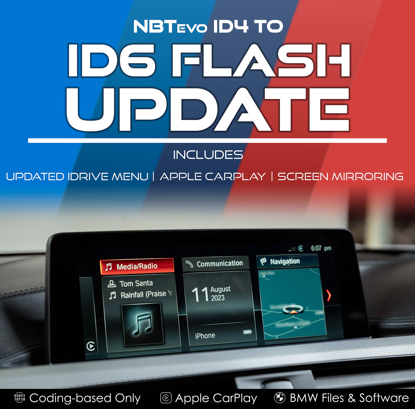 BMW infotainment system displaying 'NBT Evo ID4 to ID6 Flash Update' text.