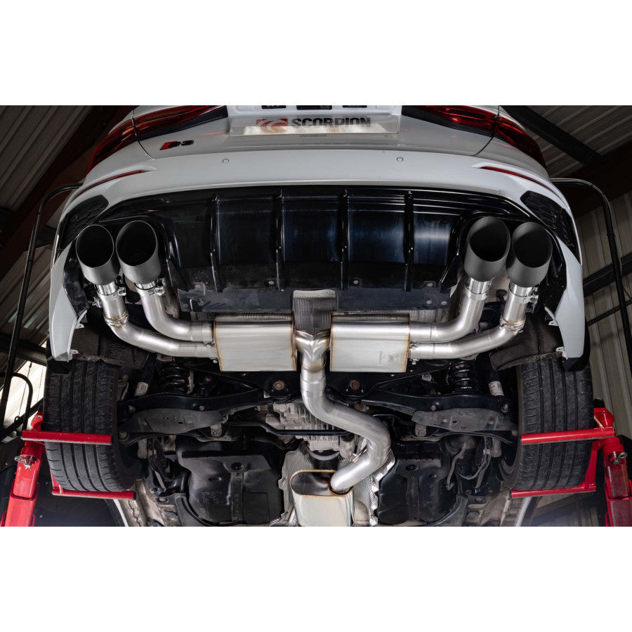 Scorpion Resonated cat/gpf back system & electronic valves - Black ceramic coated quad 114mm Daytona trims - Audi S3 2.0T 8Y Quattro (Saloon) GPF Model - SAU130C
