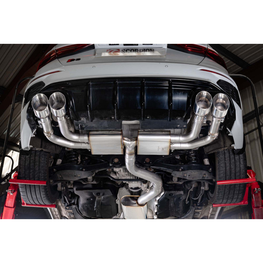 Resonated cat/gpf back system & electronic valves - Polished quad 114mm Daytona trims - Audi S3 2.0T 8Y Quattro (Saloon) GPF Model - SAU130