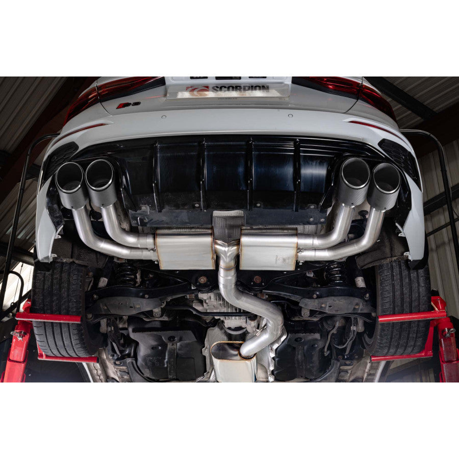 Scorpion Resonated cat/gpf back system Carbon fibre quad Ø114mm Ascari trims - Audi S3 2.0T 8Y Quattro (Saloon) GPF Model - SAU131CF