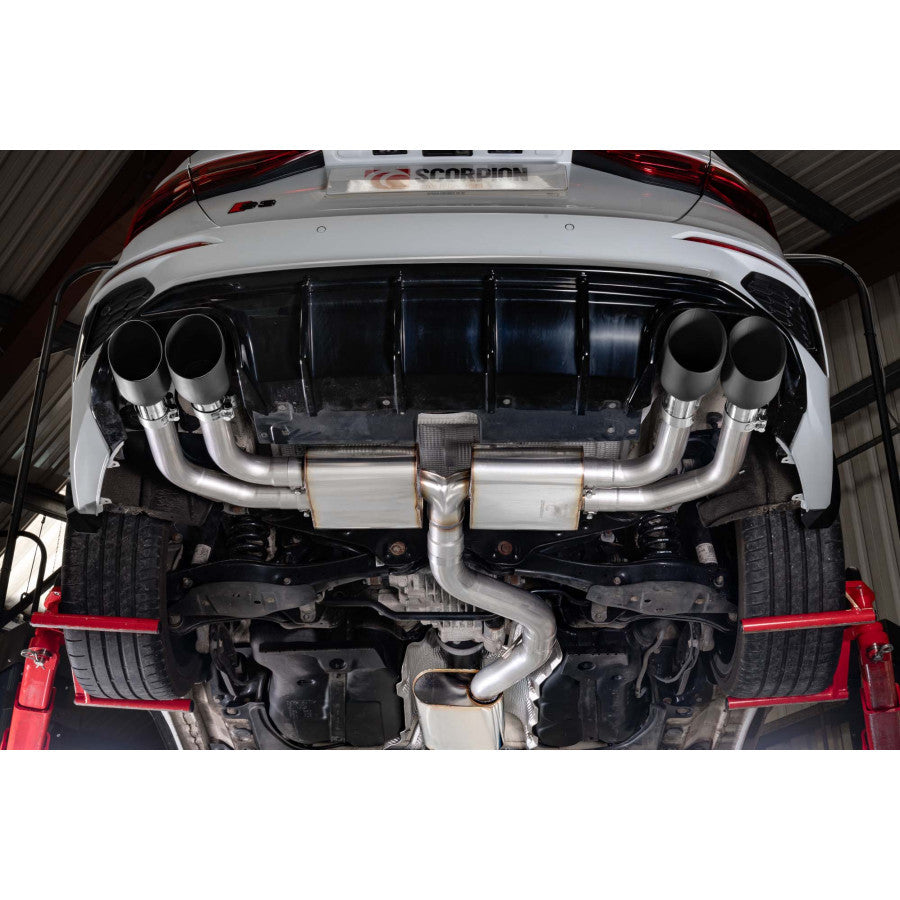 Scorpion Resonated cat/gpf back system - Black ceramic coated quad 114mm Daytona trims - Audi S3 2.0T 8Y Quattro (Saloon) GPF Model - SAU131C