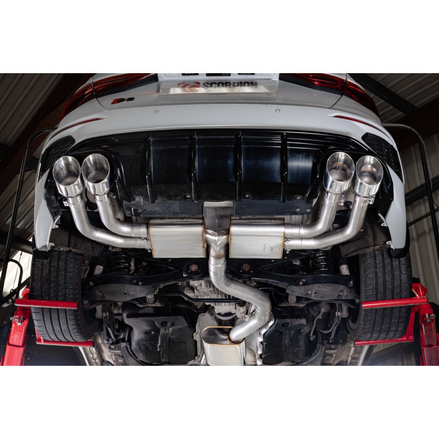 Scorpion Resonated cat/gpf back system - Polished quad 114mm Daytona trims - Audi S3 2.0T 8Y Quattro (Saloon) GPF Model - SAU131