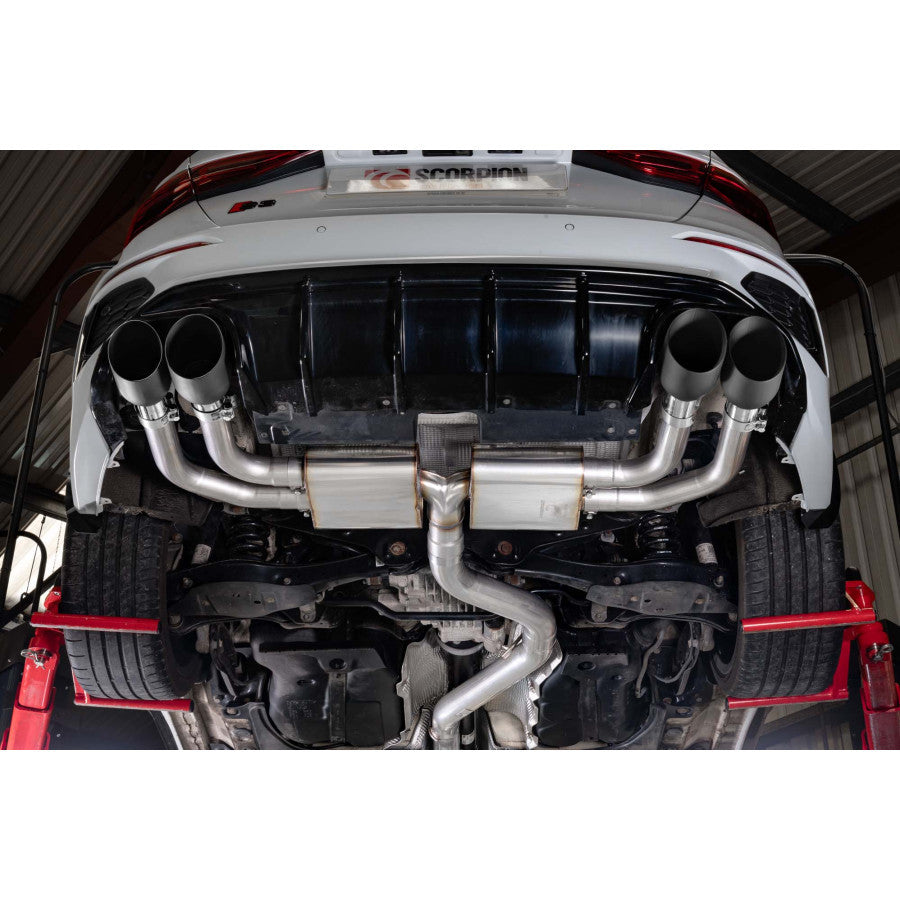 Scorpion Resonated cat/gpf back system - Black ceramic coated quad 114mm Daytona trims - S3 8Y Sportback - 2020 - SAU094C
