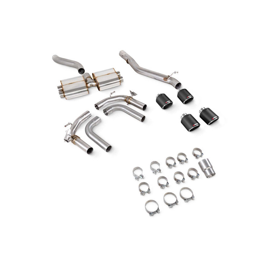 Scorpion Non-res cat/gpf back system & electronic valves - Carbon fibre quad 114mm Ascari trims - Audi S3 2.0T 8Y Quattro (Saloon) GPF Model - SAUS130CF