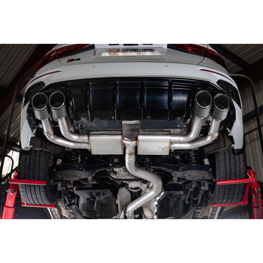 Scorpion Non-res cat/gpf back system & electronic valves - Carbon fibre quad 114mm Ascari trims - Audi S3 2.0T 8Y Quattro (Saloon) GPF Model - SAUS130CF
