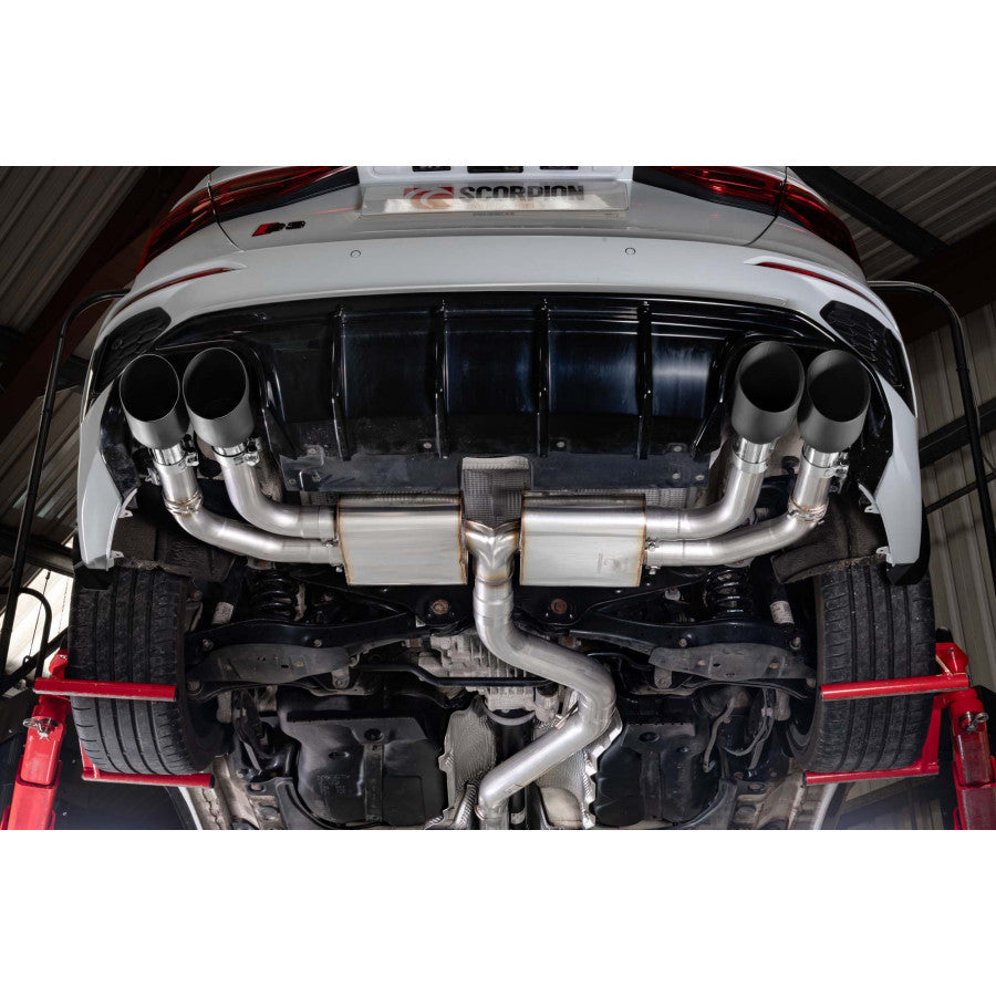 Scorpion Non-res cat/gpf back system & electronic valves - Black ceramic coated quad 114mm Daytona trims - Audi S3 2.0T 8Y Quattro (Saloon) GPF Model - SAUS130C