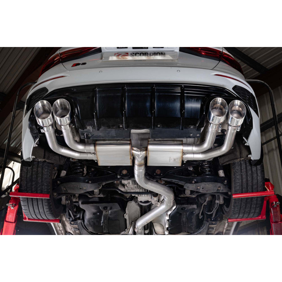 Scorpion Non-res cat/gpf back system - Polished quad 114mm Daytona trims - Audi S3 2.0T 8Y Quattro (Saloon) GPF Model - SAUS131